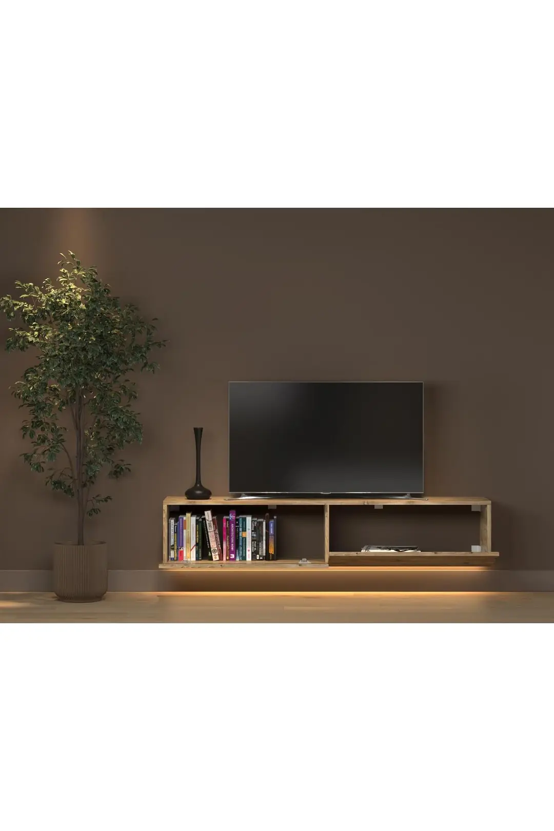 Rami Duvara Monte Led Işıklı, Dolaplı Tv Ünitesi - Tv Sehpası - Minifiksli - Atlantik Çam